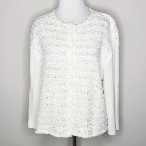 Amina Rubinacci White Button Down Knit Sequin Sweater With Crepe Sleeves… - Picture 1 of 7